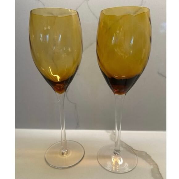Set of 6 Amber Optic Swirl Wine Glasses Clear Stems 9" Tall Blown Glass 10 oz - Picture 1 of 6